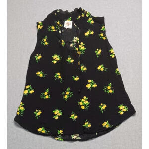 Self Esteem Sleeveless Blouse Womens Size Small V-neck Black With Lemons Flowy